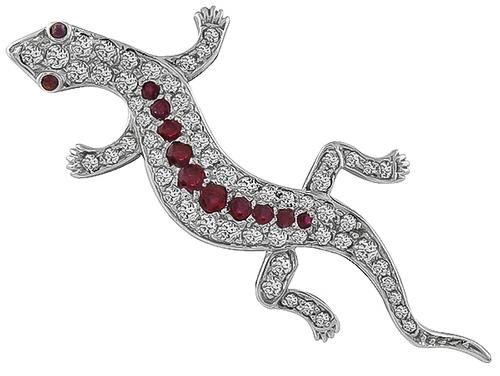 Old Mine Cut Diamond Round Cut Ruby 14k White Gold Lizard Pin