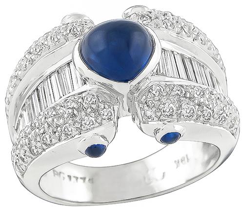 Round and Baguette Cut Diamond Cabochon Heart and Round Cut Sapphire 18k White Gold Ring