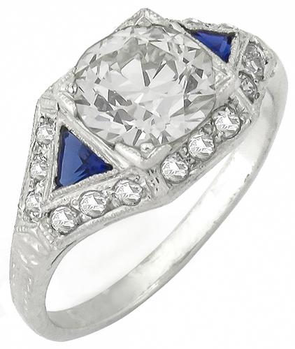 Art Deco Style 1.62ct Diamond Sapphire 0.50ct Round Cut Diamond Platinum Engagement Ring