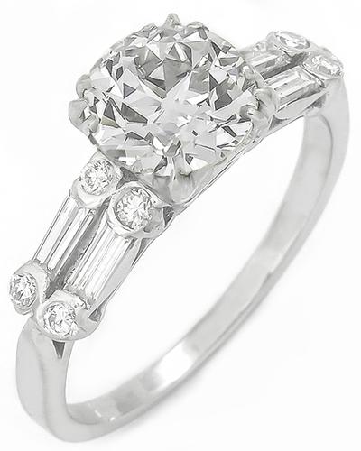 Old European Cut Center Diamond 0.30ct Baguette and Round Cut Diamond Vintage Platinum Engagement Ring