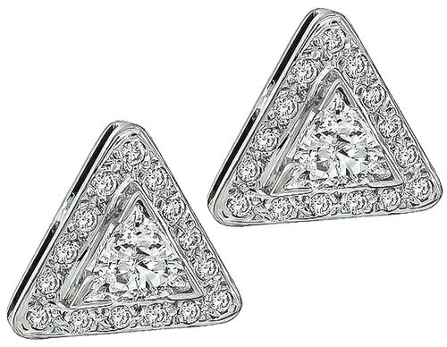 Trilliant and Round Cut Diamond 14k White Gold Earrings