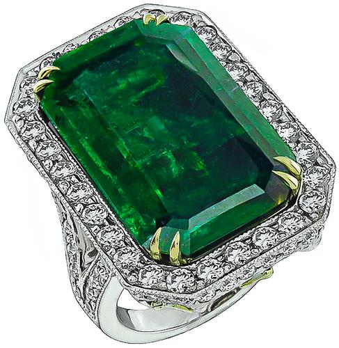 Emerald Cut Emerald Round Cut Diamond 18k Gold and Platinum Ring