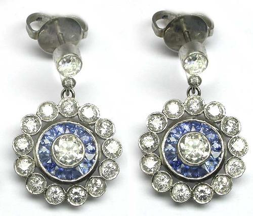 Round Cut Diamond French Cut Sapphire Platinum Earrings