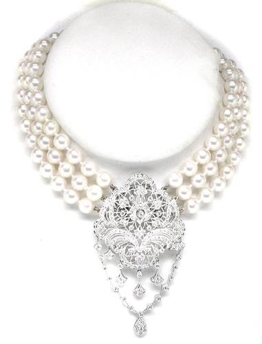 18k White Gold Diamond Triple Strand Pearl Necklace/Pendant/Pinin
