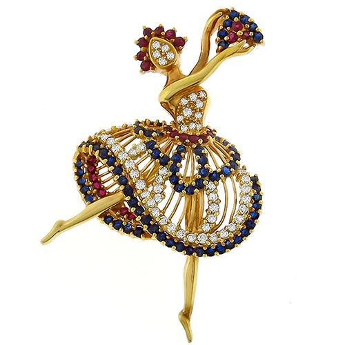 Vintage 0.65ct Round Cut Diamond 1.00ct Round Cut  Ruby 2.50ct Round Cut  Sapphire 18k Yellow Gold Ballerina Pin/ Pendant 