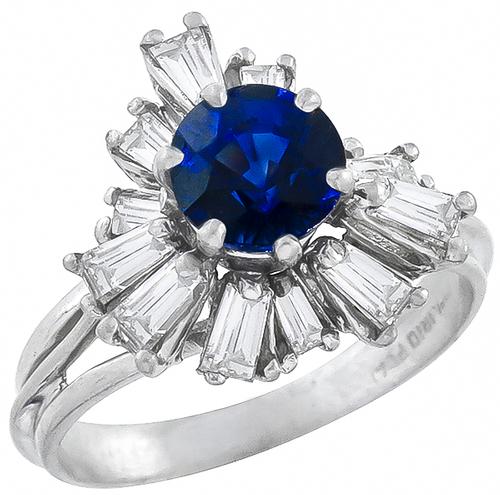 Vintage 1.21ct Round Cut  Ceylon Sapphire 0.40ct Baguette Cut Diamond Platinum Engagement Ring 