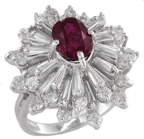 1950s 2.00ct Ruby 1.90ct Baguette and Round Cut Diamond Platinum Ballerina Ring