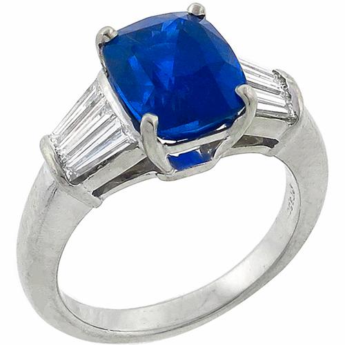 Vintage 4.11ct Faceted Cushion Cut Ceylon Sapphire 0.60ct Baguette Cut Diamond Platinum Engagement Ring