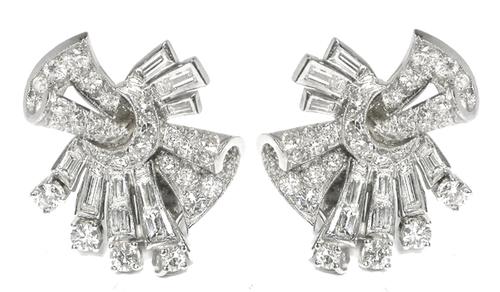 Vintage Round and Baguette Cut Platinum Earrings