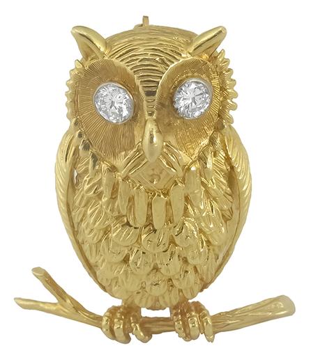 Vintage 0.40ct Round Diamond 14K Yellow Gold Owl Pin