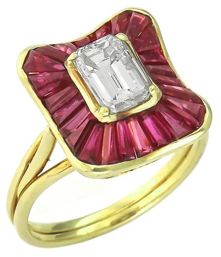 GIA Certified 1.01ct Emerald Cut Diamond 1.20ct Baguette Cut Ruby 18k Yellow Gold Ring