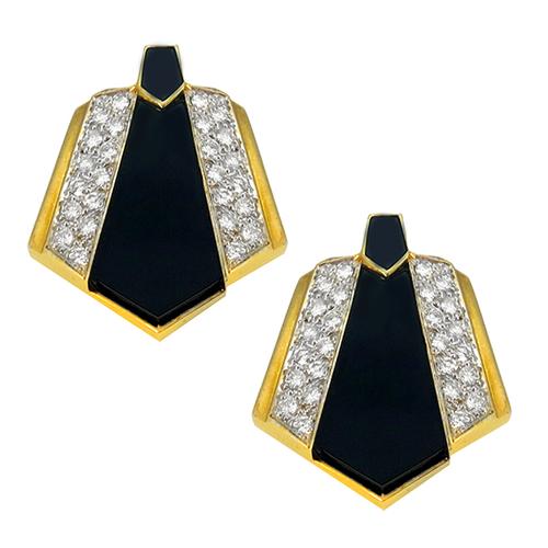 Vintage  Round  Diamond Onyx 14k Yellow Gold Earrings