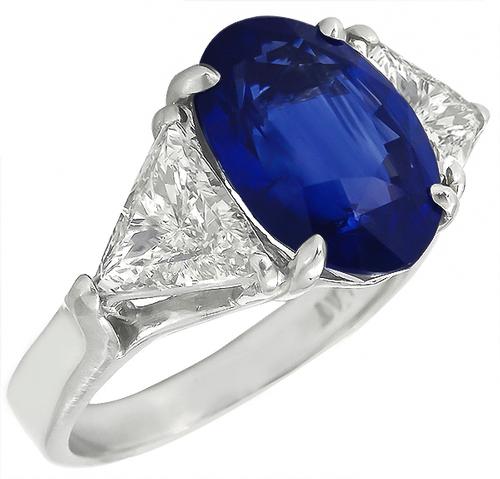 Vintage 4.39ct Oval Cut Ceylon Sapphire 1.00ct Trilliant Cut Diamond Platinum Engagement Ring