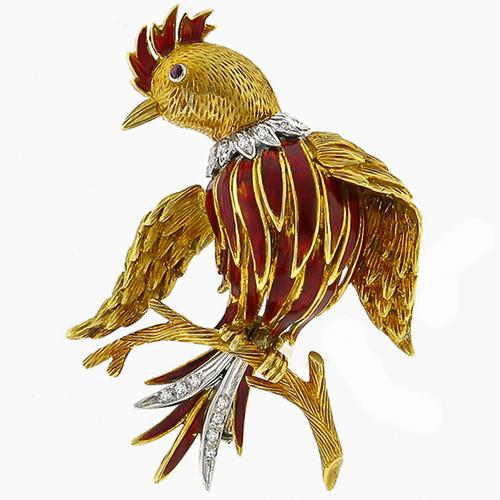 Estate Vintage Round Cut Diamond Red Enamel Bird of Paradise 1k Yellow & White Gold  Pin