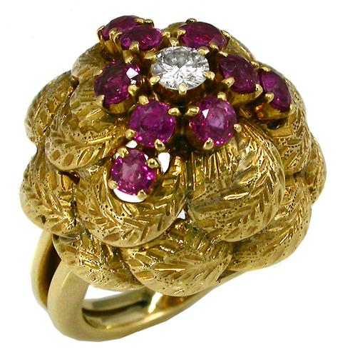 1960s 1.50ct Ruby 0.20ct Diamond 18k Yellow Gold Ring