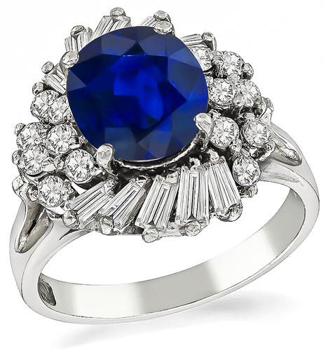 Vintage Cushion Cut Sapphire Baguette and Round Cut Diamond Platinum Cocktail Ring