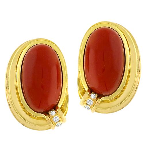 Coral Diamond Gold Earrings