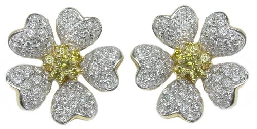 Round Cut Yellow and White Diamond 18k Yellow and White Gold Flower Earrings