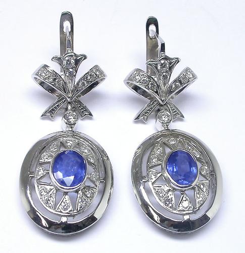 Oval Cut Sapphire Round Cut Diamond 14k White Gold Vintage Earrings