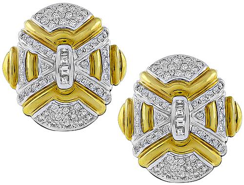 Round Cut Diamond 18k Yellow and White Gold Earrings