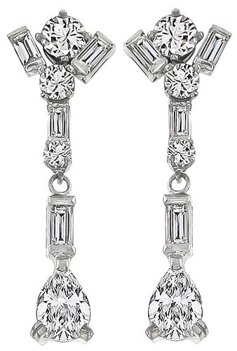 Pear Baguette and Round Cut Diamond 14k White Gold Drop Earrings