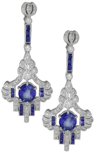 2.48ct Oval and French Cut Sapphire 0.70ct Round Cut Diamond 14k White Gold Earrings