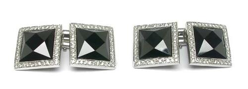 French Cut Onyx Round Cut Diamond 18k White Gold Cufflinks