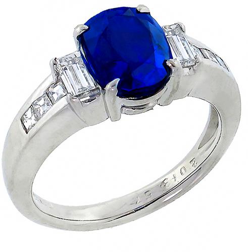 2.58ct Cushion Cut Ceylon Sapphire 0.55ct Baguette & Carre Cut Diamond Platinum Engagement Ring 