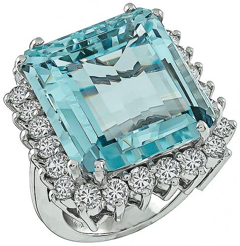 Emerald Cut Aquamarine Round Cut Diamond 14k White Gold 