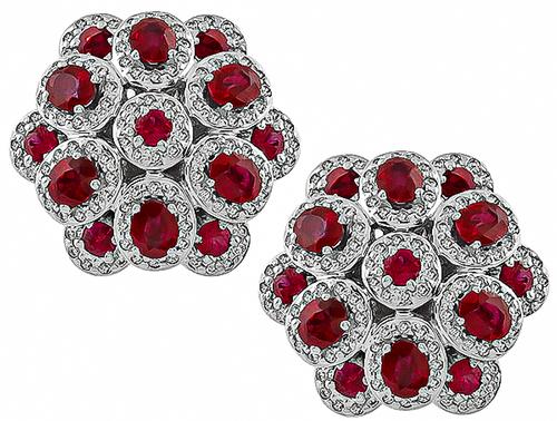 Oval and Round Cut Burmese Ruby Round Cut Diamond 18k White Gold Earrings