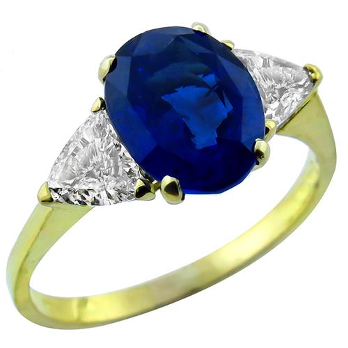 3.06ct Oval Cut  Ceylon Sapphire 0.60ct Trilliant Diamond  18k Yellow Gold Engagement Ring 