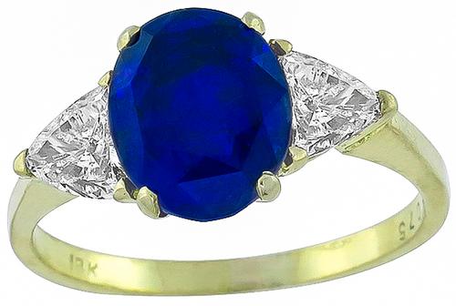 Oval Cut Ceylon Sapphire Trilliant Cut Diamond 18k Yellow Gold Engagement Ring