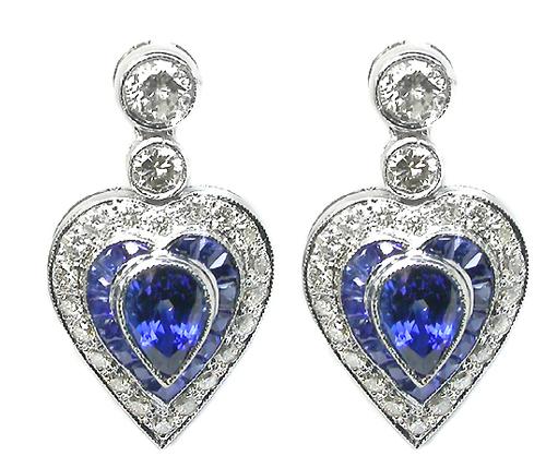 Pear Shape Sapphire Round Cut Diamond 18k White Gold Earrings