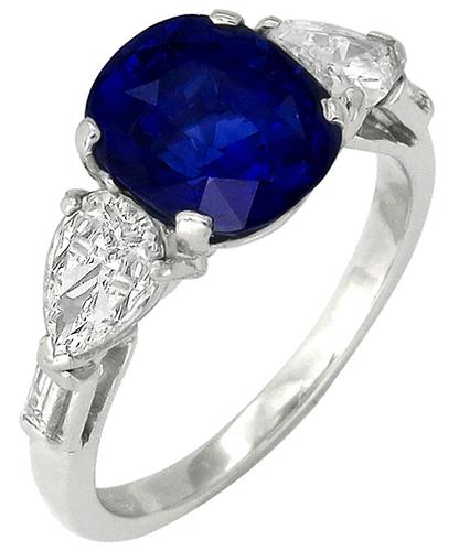 3.08ct Cushion Cut Ceylon Sapphire 1.00ct Pear & Baguette Cut Diamond Platinum  Engagement Ring