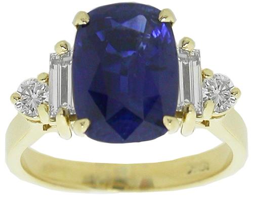 3.20ct Cushion Cut Ceylon Sapphire  Diamond 18k Yellow  Gold Engagement Ring