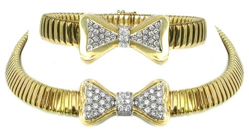3 20ct Diamond Bow Omega Chain Necklace Bracelet Set New 3 20ct Round Cut Diamond 14k Yellow White Gold Bow Flexible Omega Chain Necklace