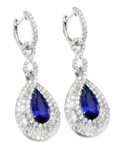 Pear Shape Ceylon Sapphire Round and Baguette Cut Diamond 18k White Gold Night and Day Chandelier Earrings