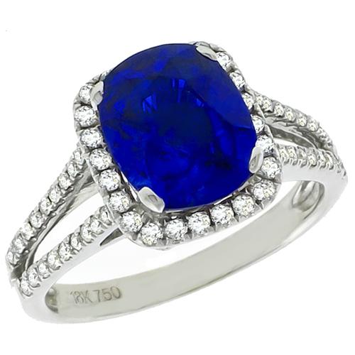 Estate 3.32ct Cushion Cut Ceylon Sapphire 0.72ct Round Cut Diamond 18k White Gold Engagement Ring