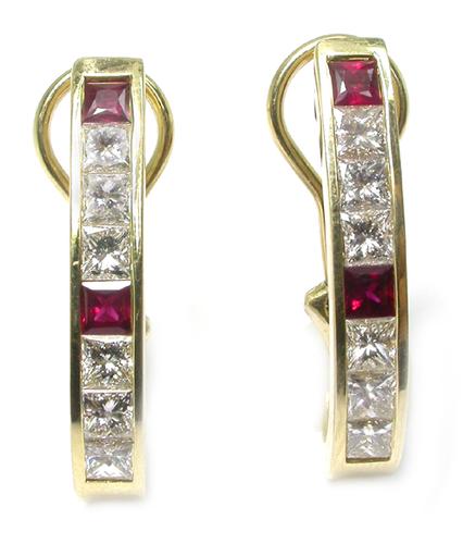 Princess Cut Diamond Square Cut Ruby 14k Yellow Gold Earrings