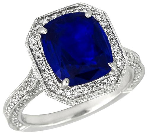 Cushion Cut Ceylon Sapphire Round Cut Diamond Platinum Engagement Ring