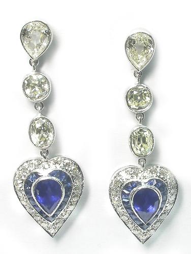 Old Mine Cut Diamond Sapphire 18k White Gold Earrings