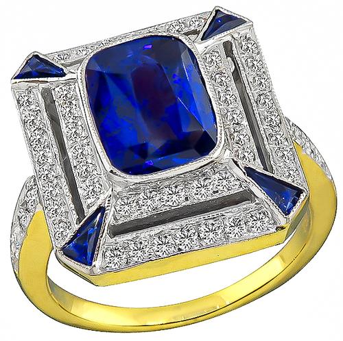 Cushion Cut Sapphire Round Cut Diamond 18k Yellow and White Gold Ring