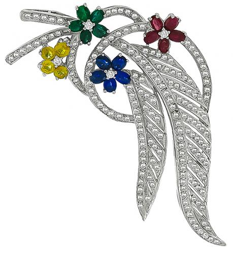 Round Cut Diamond Oval and Round Emerald Sapphire and Ruby 14k White Gold Pin
