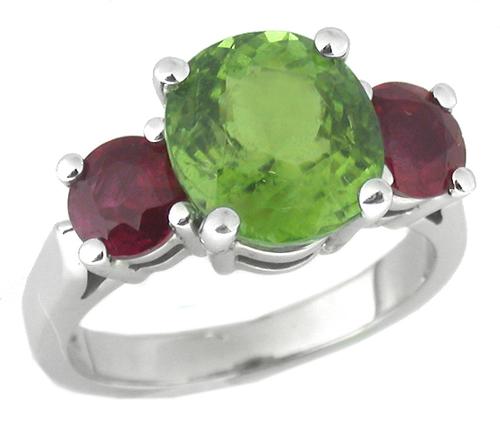 4.00ct Cushion Cut Peridot 1.00ct Round Cut Ruby 14k White Gold Ring