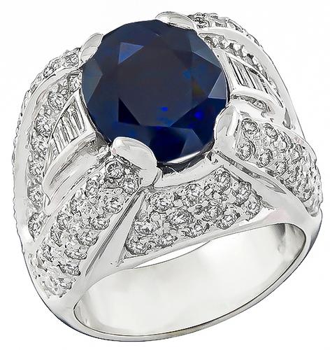 Oval Cut Sapphire Round Baguette and Trilliant Cut Diamond 18k White Gold Ring