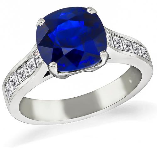 Cushion Cut Sapphire Carre Cut Diamond Platinum Engagement Ring