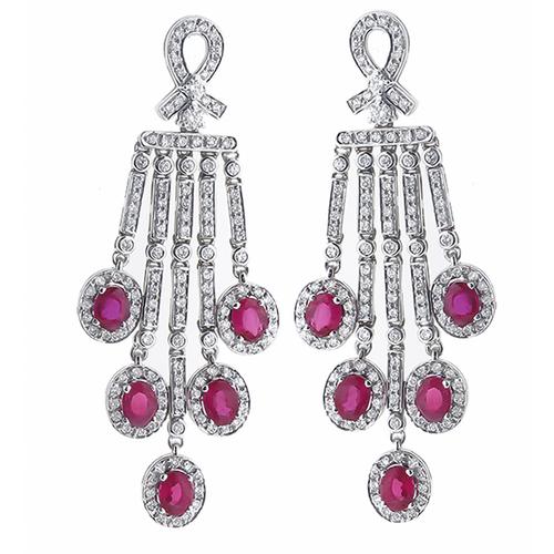 Art Deco Style Oval Cut Ruby Round  Diamond 18k White Gold Chandelier Earrings