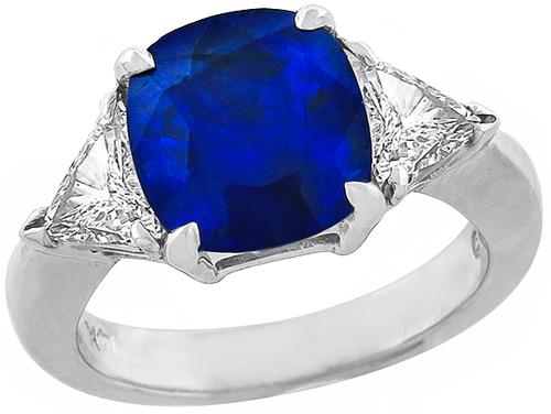 Cushion Cut Ceylon Sapphire Trilliant Cut Diamond 14k White Gold Engagement Ring