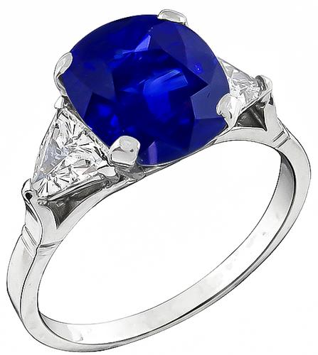 Cushion Cut Ceylon Sapphire Trilliant Cut Diamond Platinum Engagement Ring
