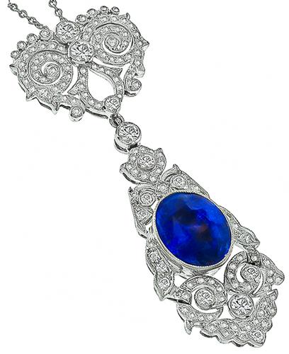 Oval Cut Ceylon Sapphire Round Cut Diamond 18k White Gold Pendant